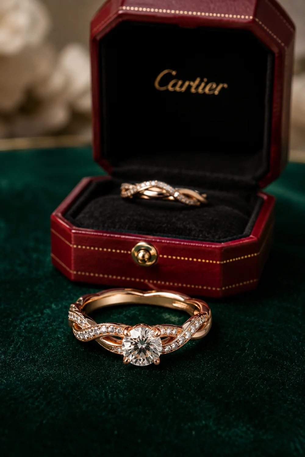 Twisted vine engagement ring with round brilliant diamond center stone, rose gold intertwined band with pavé diamonds, luxury ring box presentation, romantic nature-inspired bridal jewelry design for modern couples.