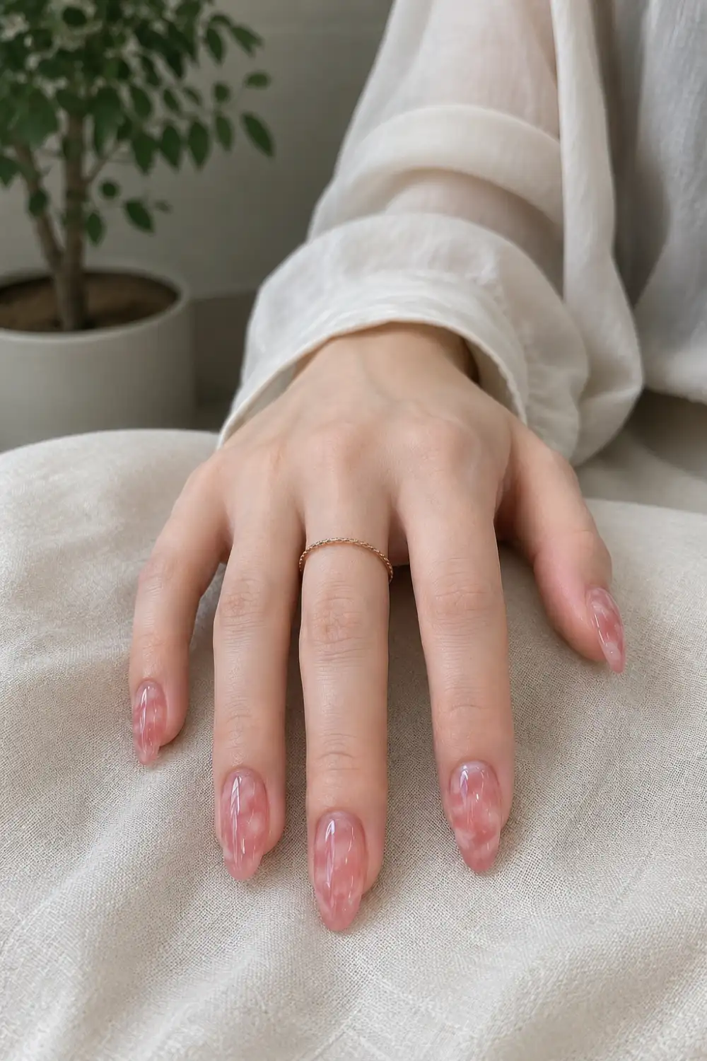 Rose quartz jelly almond nails with delicate pink marble details, translucent gel layers, glossy finish, and crystal-inspired nail art for an elegant and luxurious manicure.