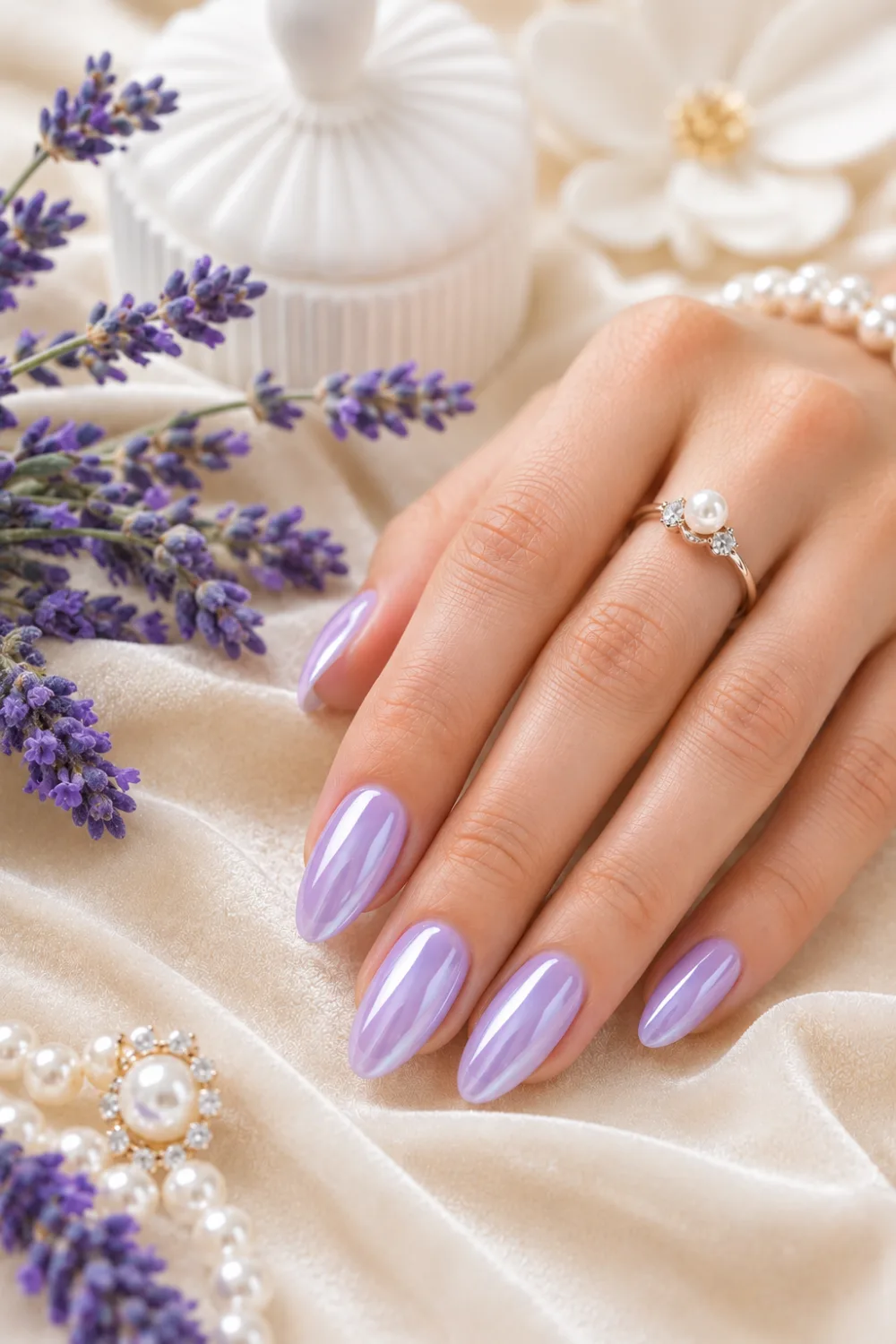 Lavender glazed donut nails with chrome shine on almond shaped nails, pastel purple manicure surrounded by lavender flowers and pearl accessories for spring nail inspiration