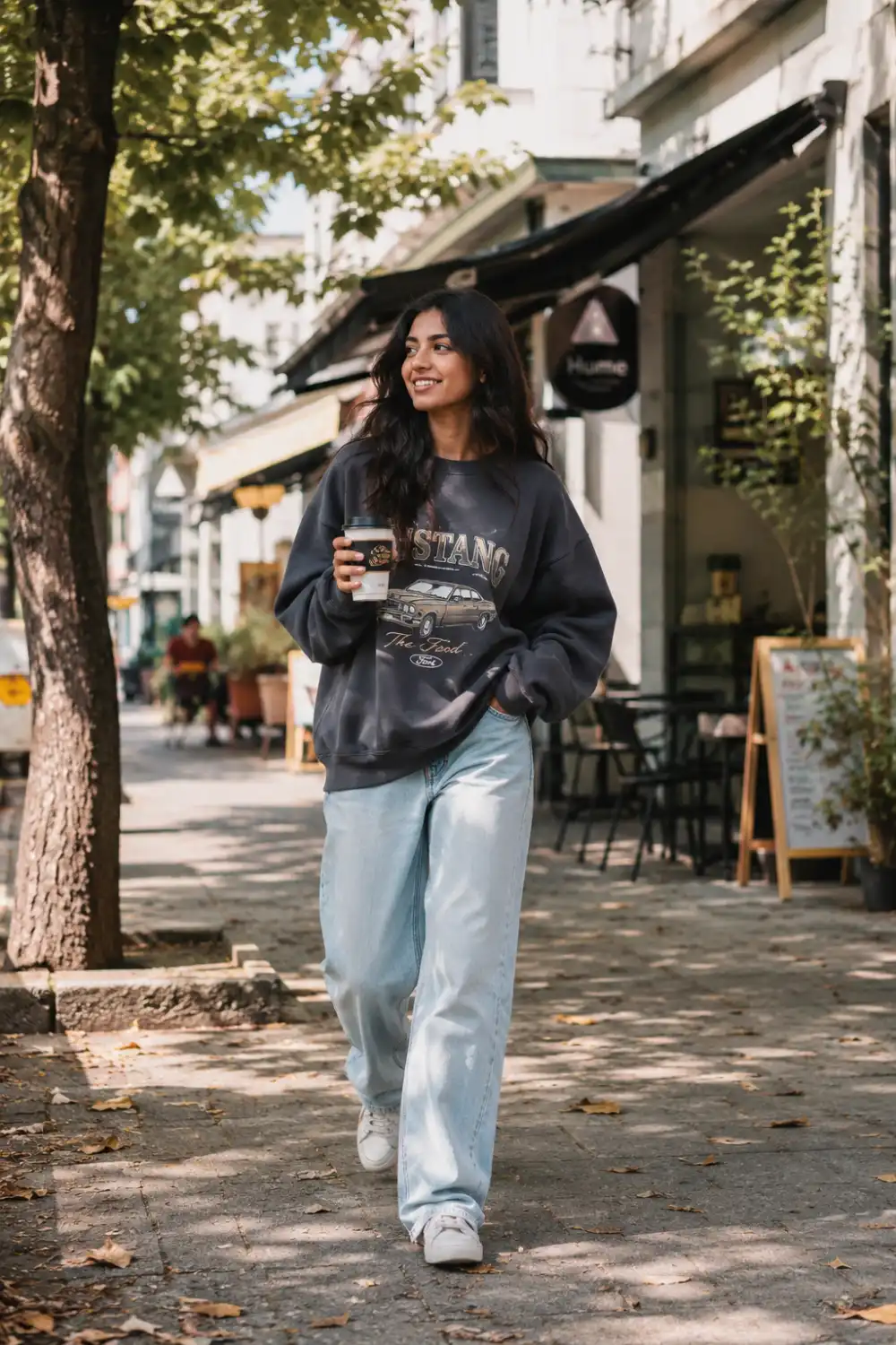 Trendy woman wearing an oversized graphic sweatshirt with light wash baggy jeans and white sneakers while carrying coffee in a stylish city setting. Casual oversized street style outfit featuring relaxed denim, comfortable fashion, and modern everyday trends.