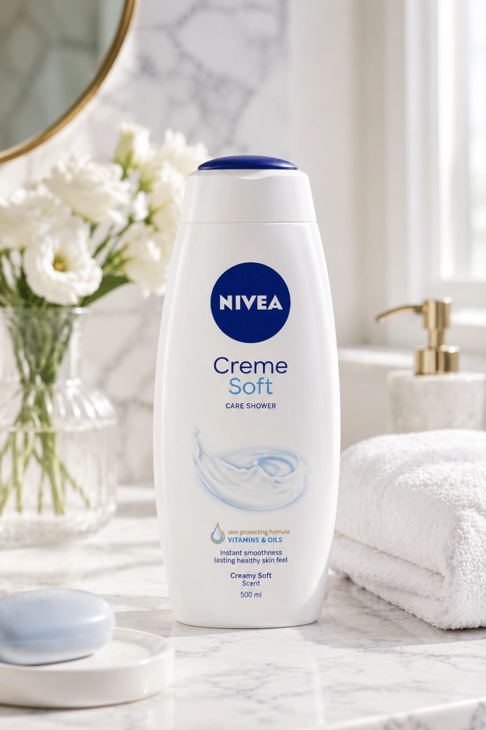 NIVEA Creme Soft Body Wash bottle placed on a marble bathroom countertop with white flowers, folded towels, and elegant gold accents, highlighting a creamy moisturizing body wash for everyday skincare and hydration.