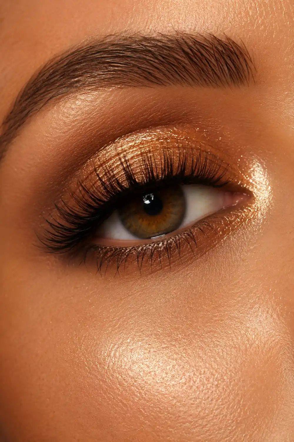 Luxury golden bronze eye makeup featuring rich bronze shimmer, golden highlights, dramatic lashes, flawless blending, glowing skin, and a radiant sun-kissed beauty look ideal for summer occasions.