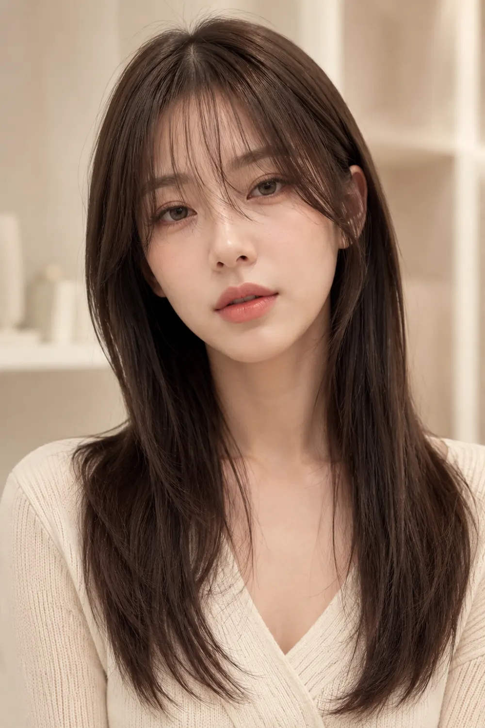 Woman with wispy air curtain bangs and long straight layered hair showcasing a soft Korean-inspired hairstyle.