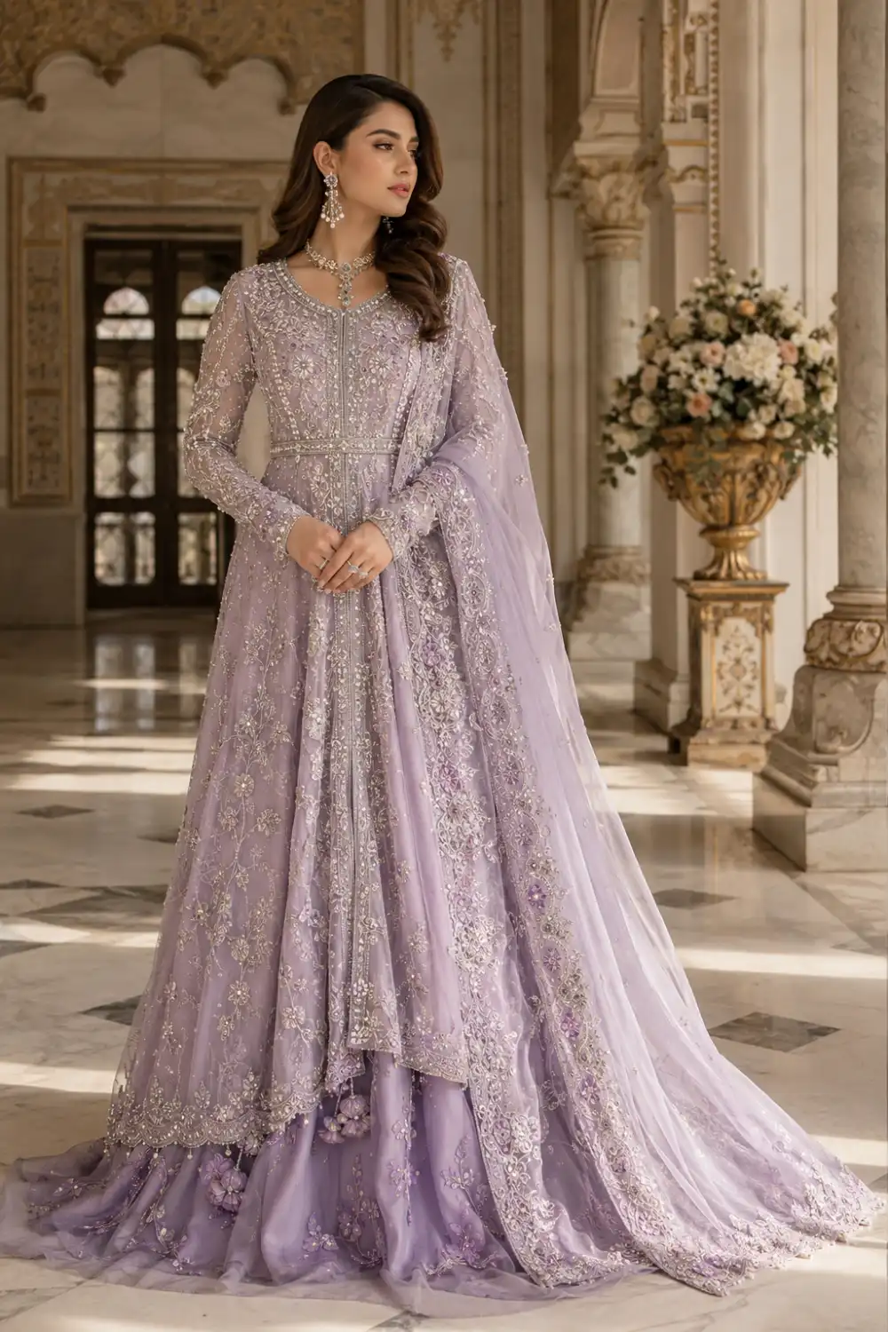 Lavender formal Pakistani maxi dress featuring intricate silver embroidery, sequins, floral embellishments, and a heavily embroidered dupatta. Full-length designer gown with a regal silhouette, perfect for wedding receptions, engagement parties, festive events, and glamorous Pakistani party wear collections.