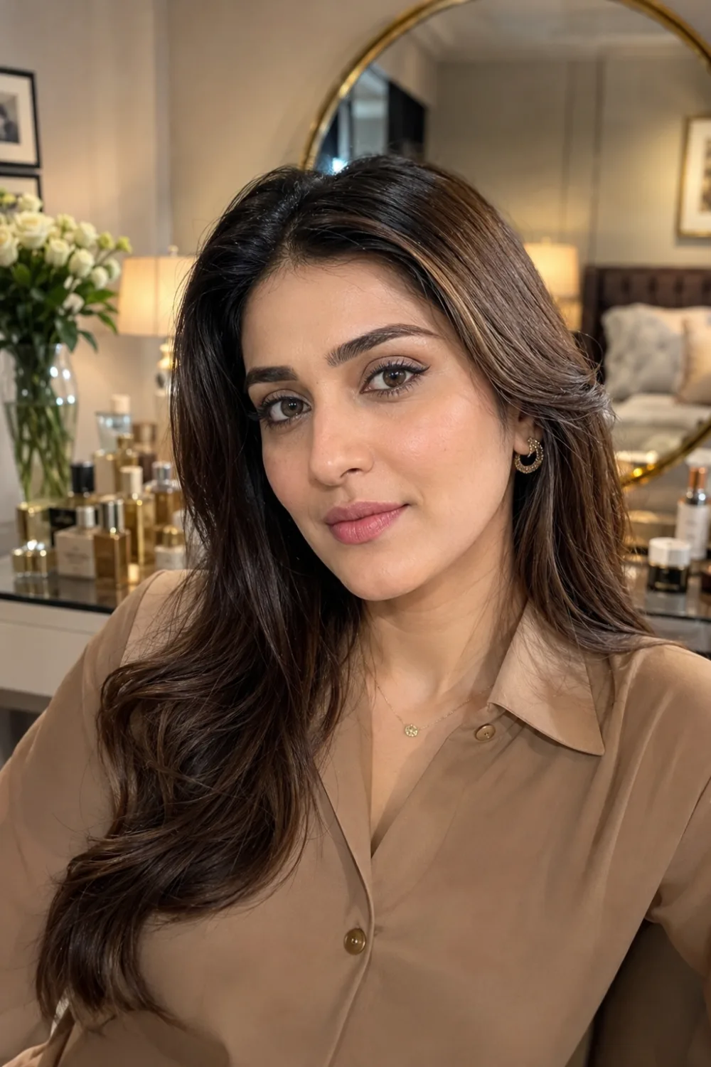 Professional woman wearing classic office makeup with smooth complexion, softly defined eyes, neutral lips, elegant hairstyle, and sophisticated beige blouse while sitting at a luxury bedroom vanity. Timeless corporate makeup inspiration for business meetings, executive style, and polished workplace beauty.
