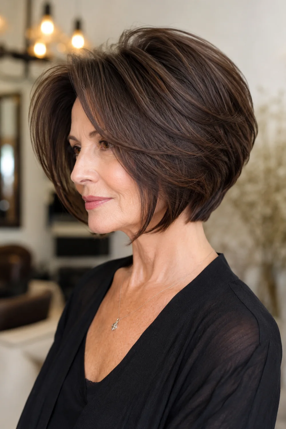 Stacked layered bob haircut for older women with rich brunette hair, volume-packed crown, angled silhouette, longer front layers, and a sophisticated shape that adds fullness and movement.