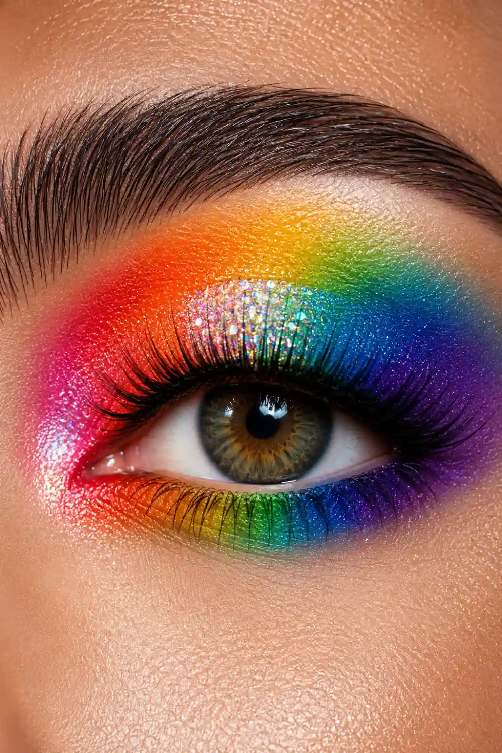Rainbow halo eye makeup featuring vibrant red, orange, yellow, green, blue, and purple eyeshadow blended around the eye with sparkling shimmer center, dramatic lashes, glowing skin, and colorful rainbow beauty inspiration.