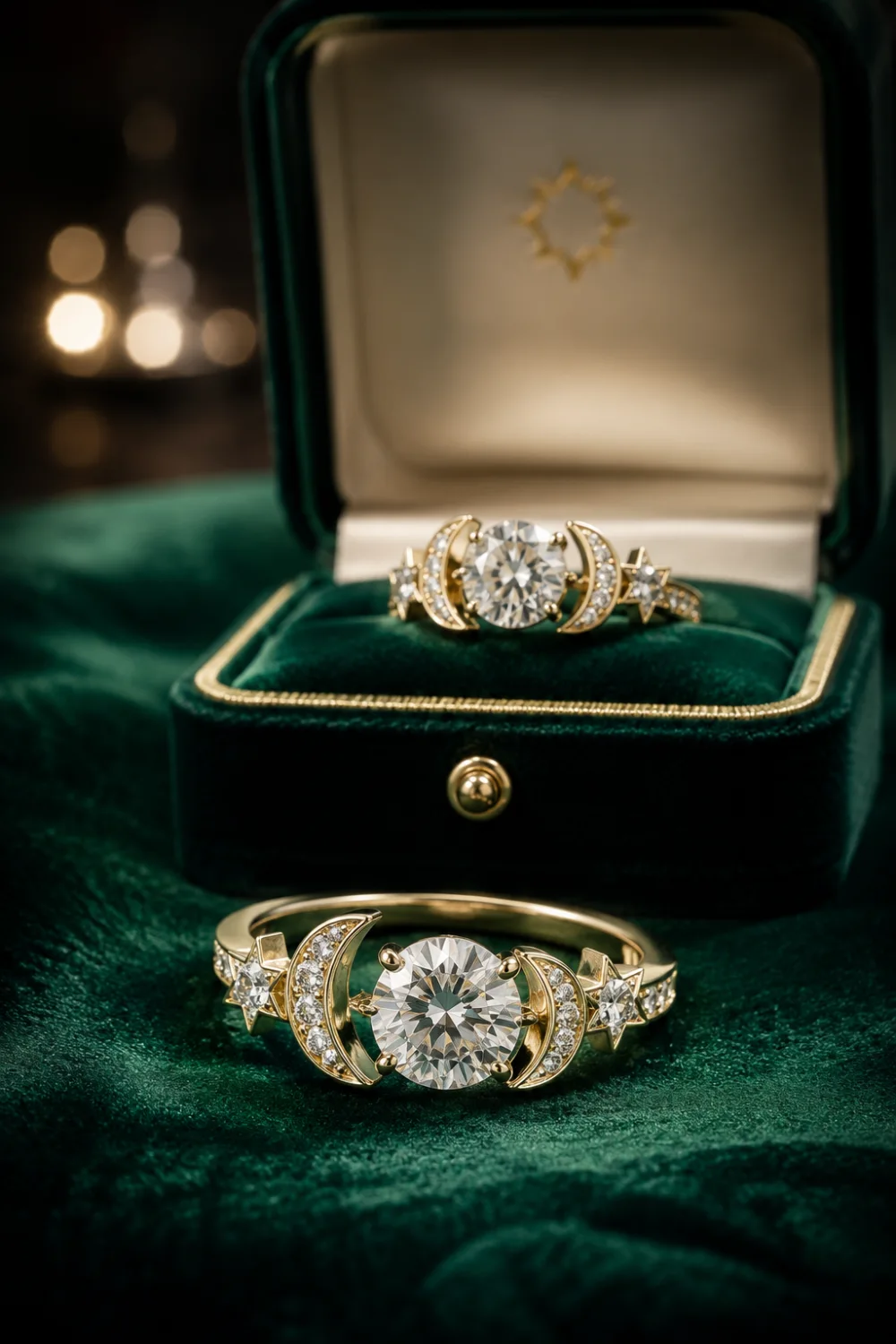 Celestial moon and star engagement ring featuring round center diamond, gold crescent moon accents, sparkling star details, luxury velvet jewelry box, whimsical bridal ring inspiration with celestial design.
