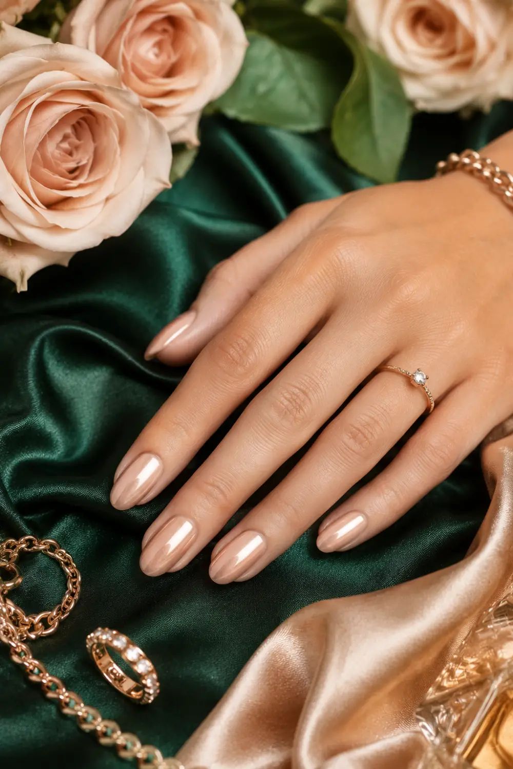 Nude glazed donut nails with glossy chrome finish on elegant almond nails, luxury neutral manicure with green satin background and gold jewelry inspiration