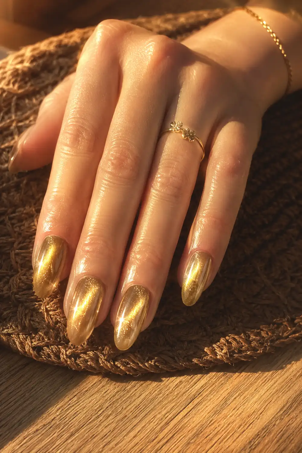 Elegant gold champagne cat eye nails featuring radiant magnetic shimmer on almond-shaped nails, styled on a feminine hand with delicate gold jewelry under warm golden sunlight.
