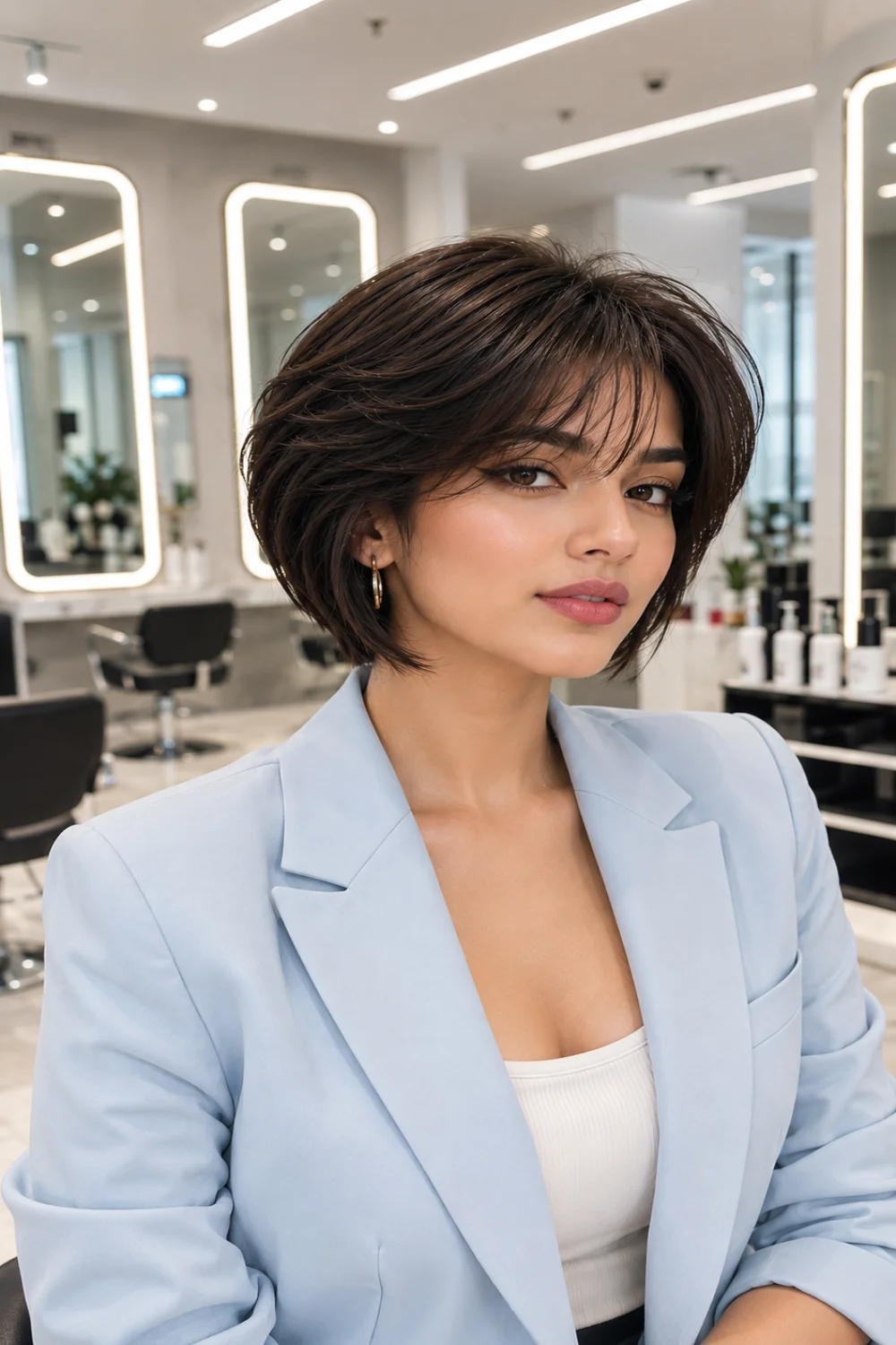 Woman with a Korean Volume Bixie haircut featuring airy layers, wispy bangs, rounded volume, and soft brunette tones in a luxury salon setting, inspired by trending Korean hairstyles for Summer 2026.