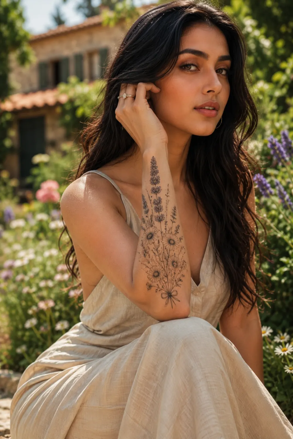 Wildflower bouquet forearm tattoo for women featuring daisies, lavender, and botanical elements with delicate fine line floral artwork