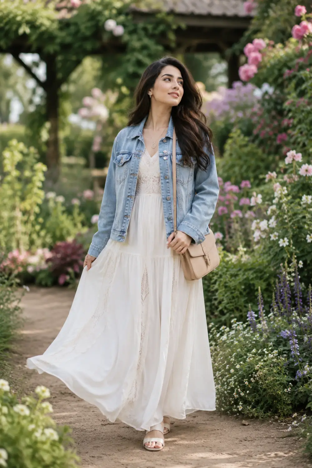 Elegant woman wearing an oversized light blue denim jacket layered over a flowing white maxi dress while walking through a blooming garden. Feminine oversized outfit featuring casual denim layering, romantic fashion, and chic spring style inspiration.