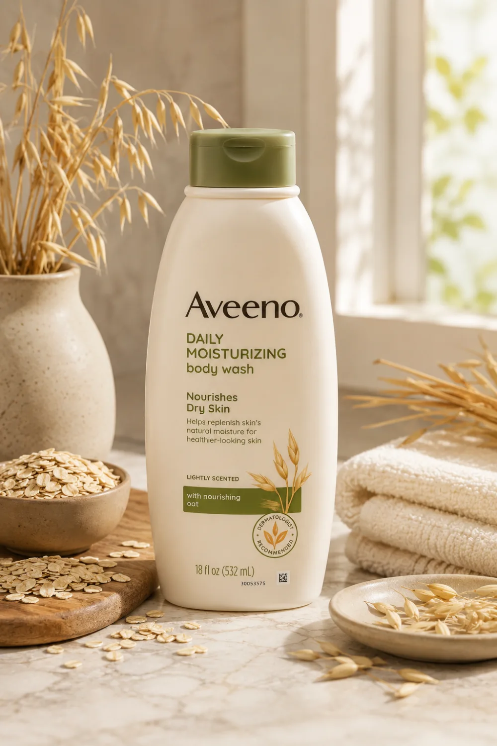 Aveeno Daily Moisturizing Body Wash bottle surrounded by oats and natural ingredients on a spa-inspired countertop, creating a calming skincare scene designed for dry and sensitive skin care routines.