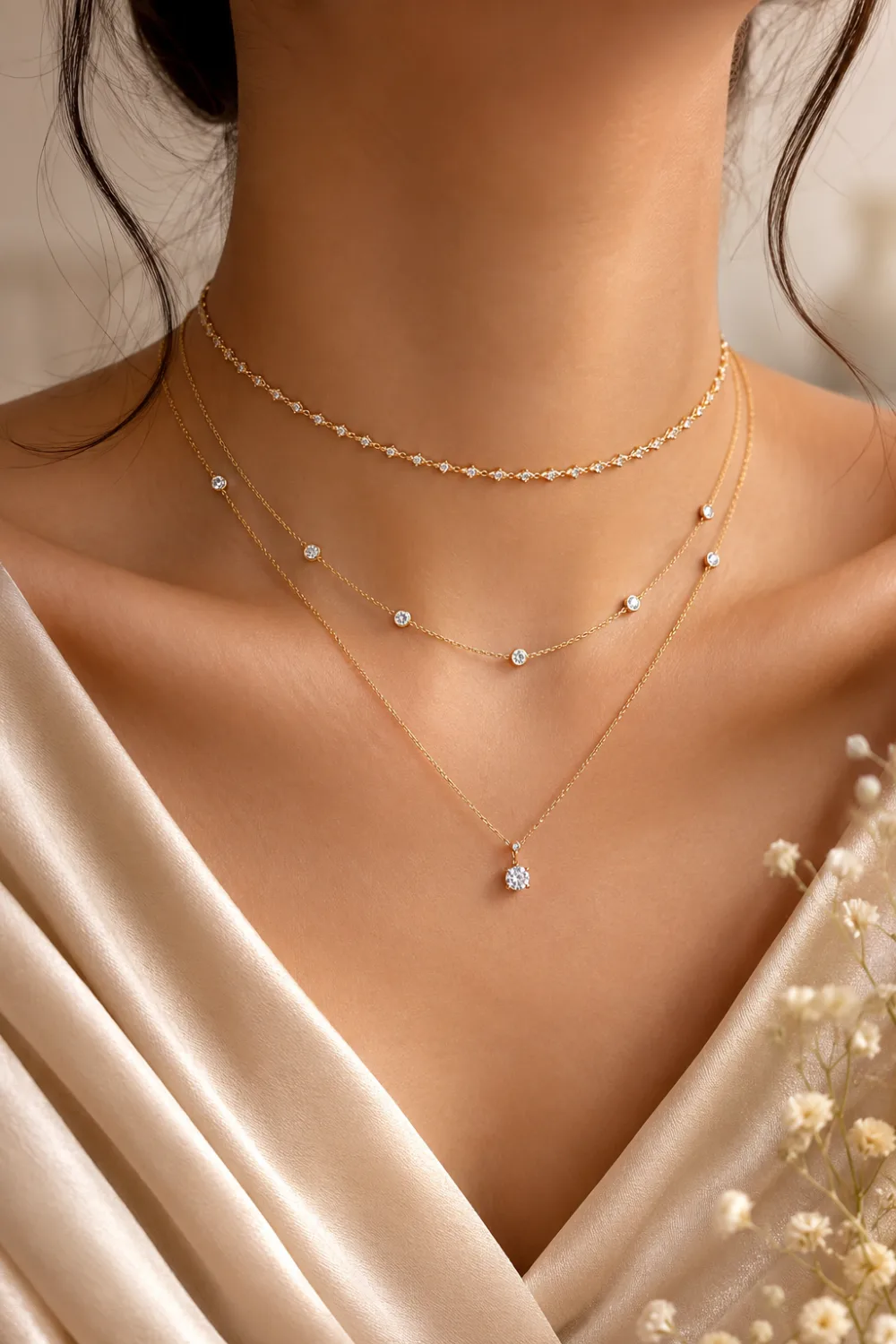 Woman wearing layered diamond necklaces with a sparkling choker, station chain, and solitaire pendant styled with a satin champagne blouse.