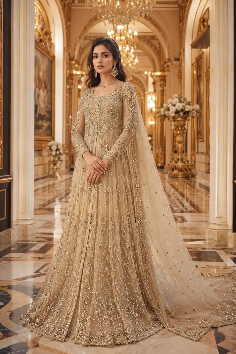 Champagne gold Pakistani fairytale gown with intricate gold embroidery, crystal embellishments, sparkling sequins, and an elegant floor-length design. Designer formal dress paired with a luxurious embellished dupatta, ideal for weddings, receptions, engagement celebrations, and high-end Pakistani fashion events.