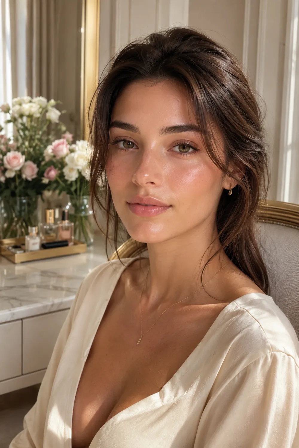 Beautiful woman wearing soft brown mascara with naturally enhanced lashes, glowing skin, nude lips, and fresh everyday makeup in a luxury vanity setting, creating a subtle eye enhancing look with effortless beauty and elegant simplicity.