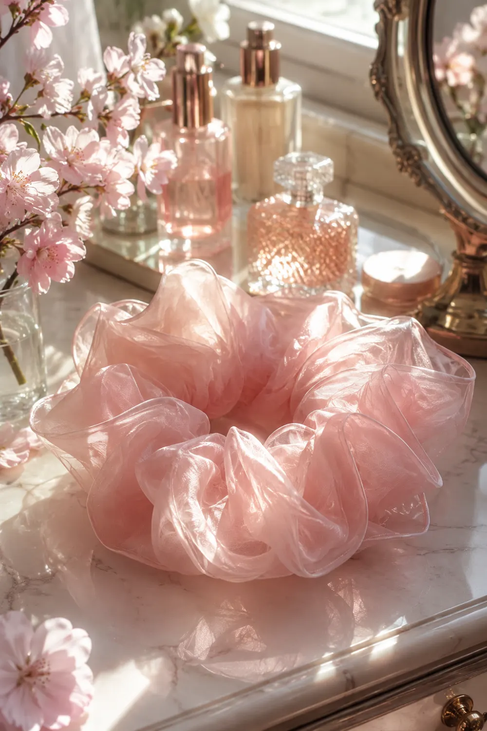 Blush pink organza scrunchie crafted from soft translucent fabric layers displayed on a bright luxury vanity with cherry blossoms, beauty products, perfume bottles, and feminine decor. The airy sheer texture creates volume and movement, making it a fashionable accessory for romantic hairstyles and trendy Korean-inspired fashion.