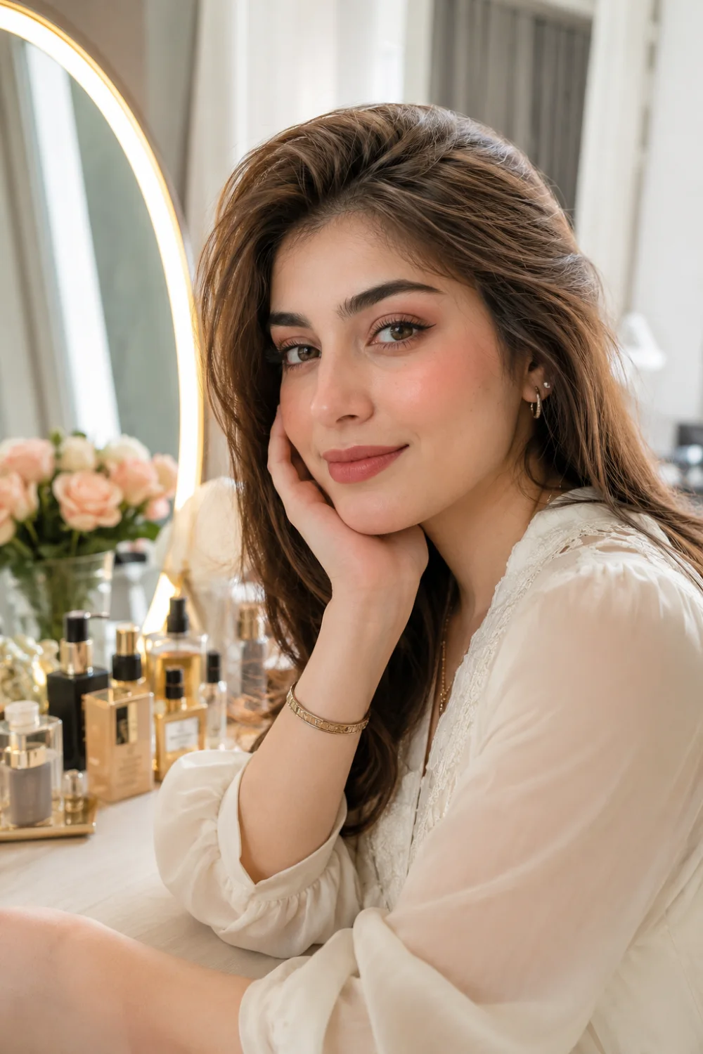 Beautiful woman wearing soft nude glam makeup featuring glowing skin, neutral eyeshadow, subtle blush, nude lipstick, and elegant styling while sitting beside a luxury makeup vanity in a bright bedroom. Sophisticated office beauty inspiration for modern professional women.