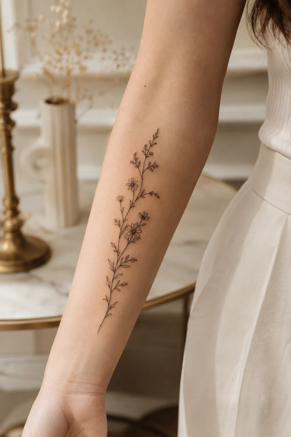 Wildflower stem tattoo on a woman's forearm featuring delicate botanical line art, fine line floral tattoo design, feminine nature-inspired tattoo, elegant black ink flowers, and minimalist body art inspiration.