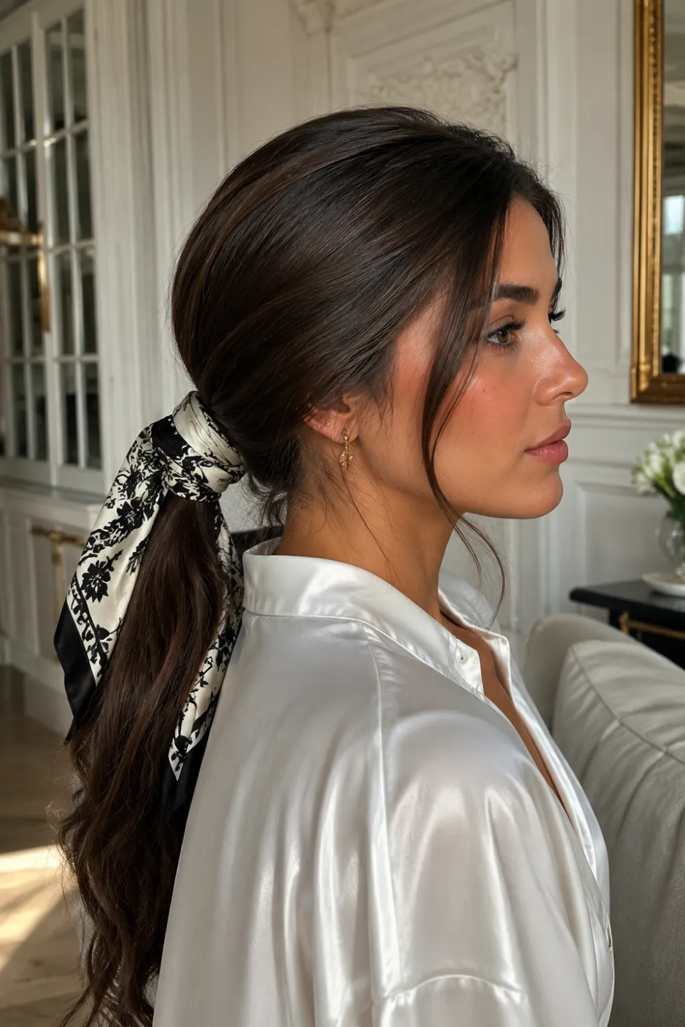 Sophisticated low ponytail secured with a patterned silk bandana, featuring sleek brunette hair, elegant face-framing strands, and a polished hairstyle perfect for modern feminine fashion.