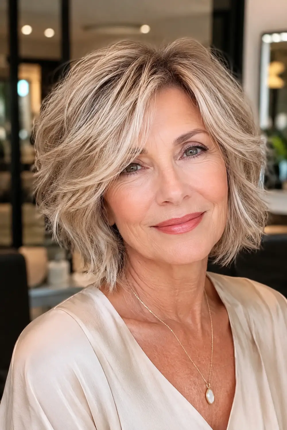 Textured layered bob hairstyle for older women with blonde highlights, tousled layers, soft movement, dimensional color, and a fuller-looking shape that enhances fine hair beautifully.