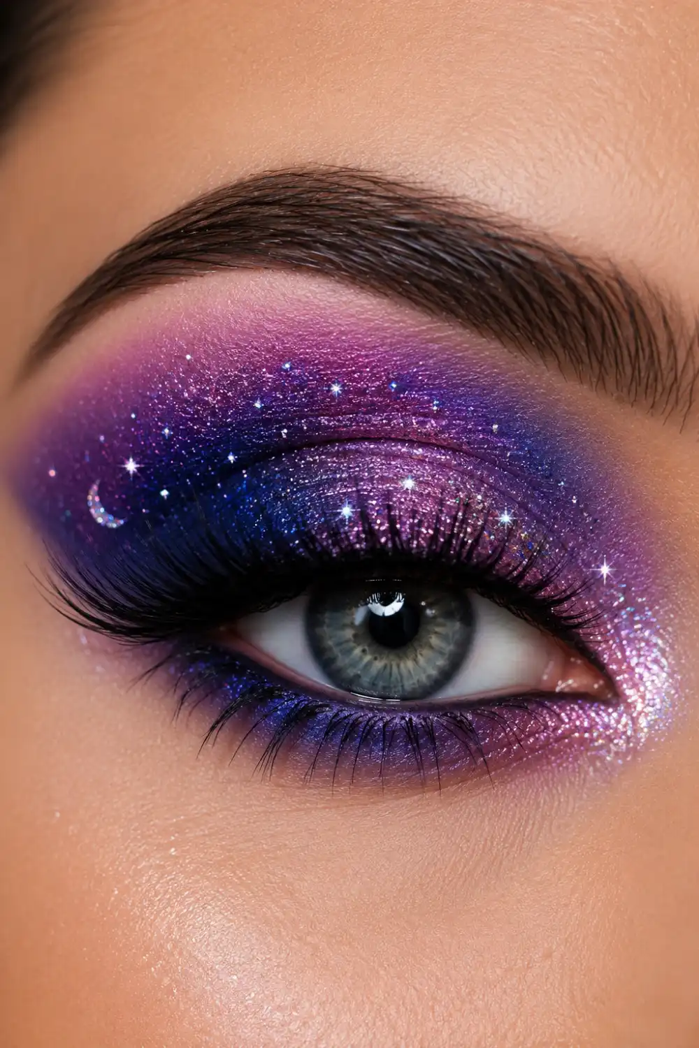 Purple galaxy glam eye makeup featuring deep violet, lavender, indigo eyeshadow, sparkling glitter accents, celestial shimmer effects, dramatic lashes, glowing skin, and luxurious galaxy-inspired beauty look.