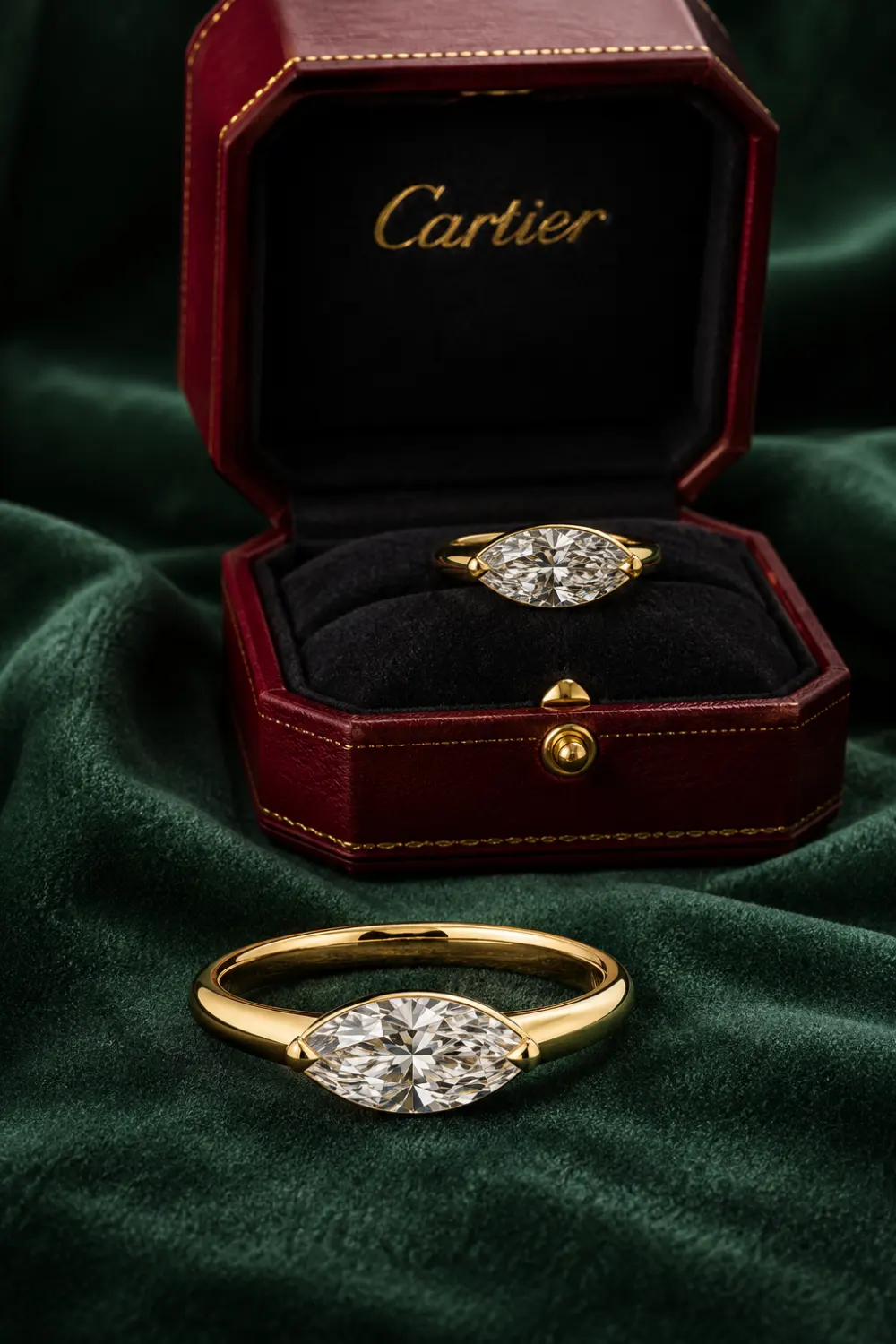 East-west marquise engagement ring featuring horizontally set marquise diamond, polished yellow gold band, luxury velvet ring box display, modern minimalist bridal jewelry inspiration for contemporary weddings.