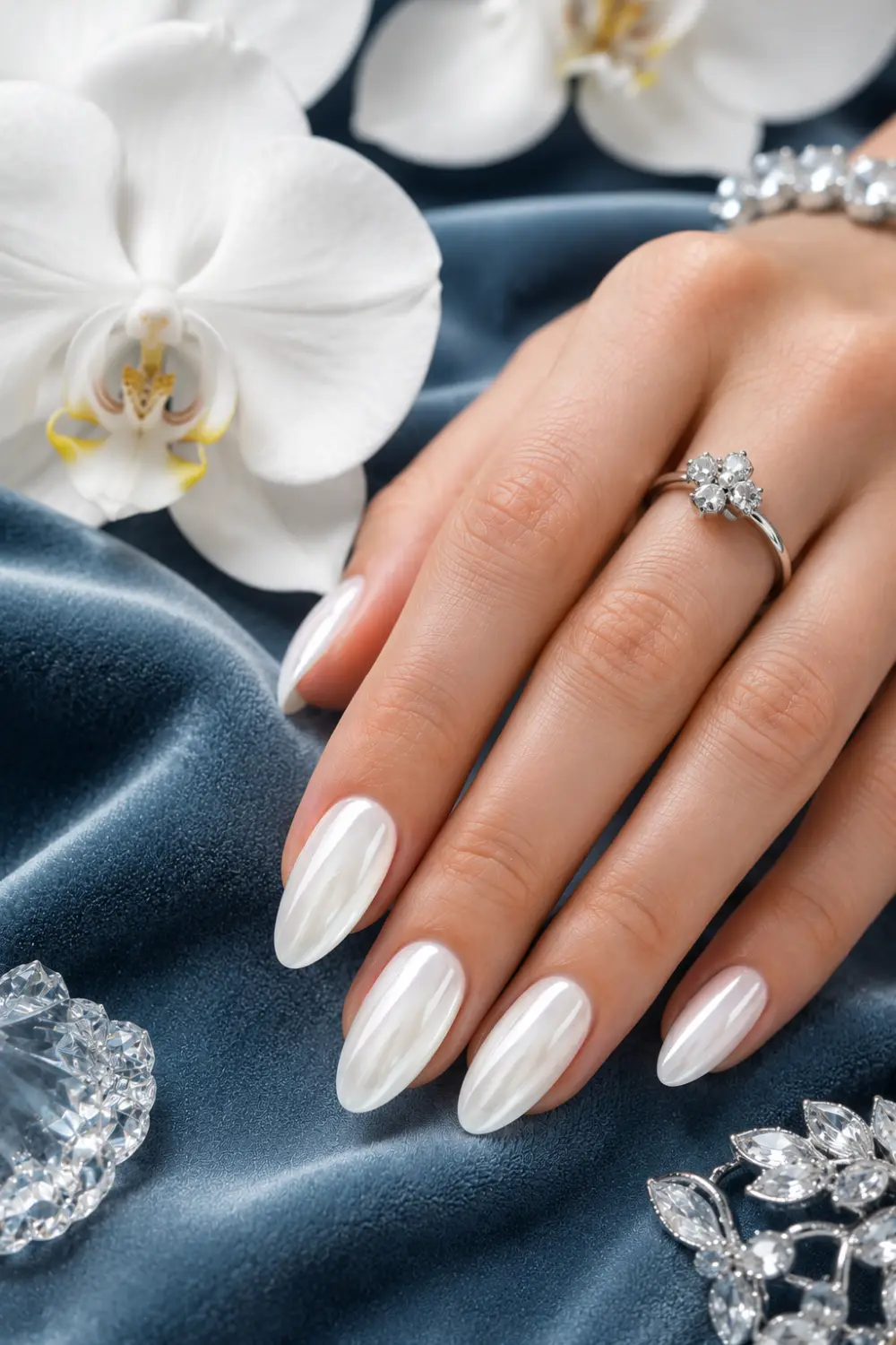 White chrome glazed donut nails with bright glossy finish on almond shaped nails, luxury bridal manicure with white orchids and crystal accessories inspiration