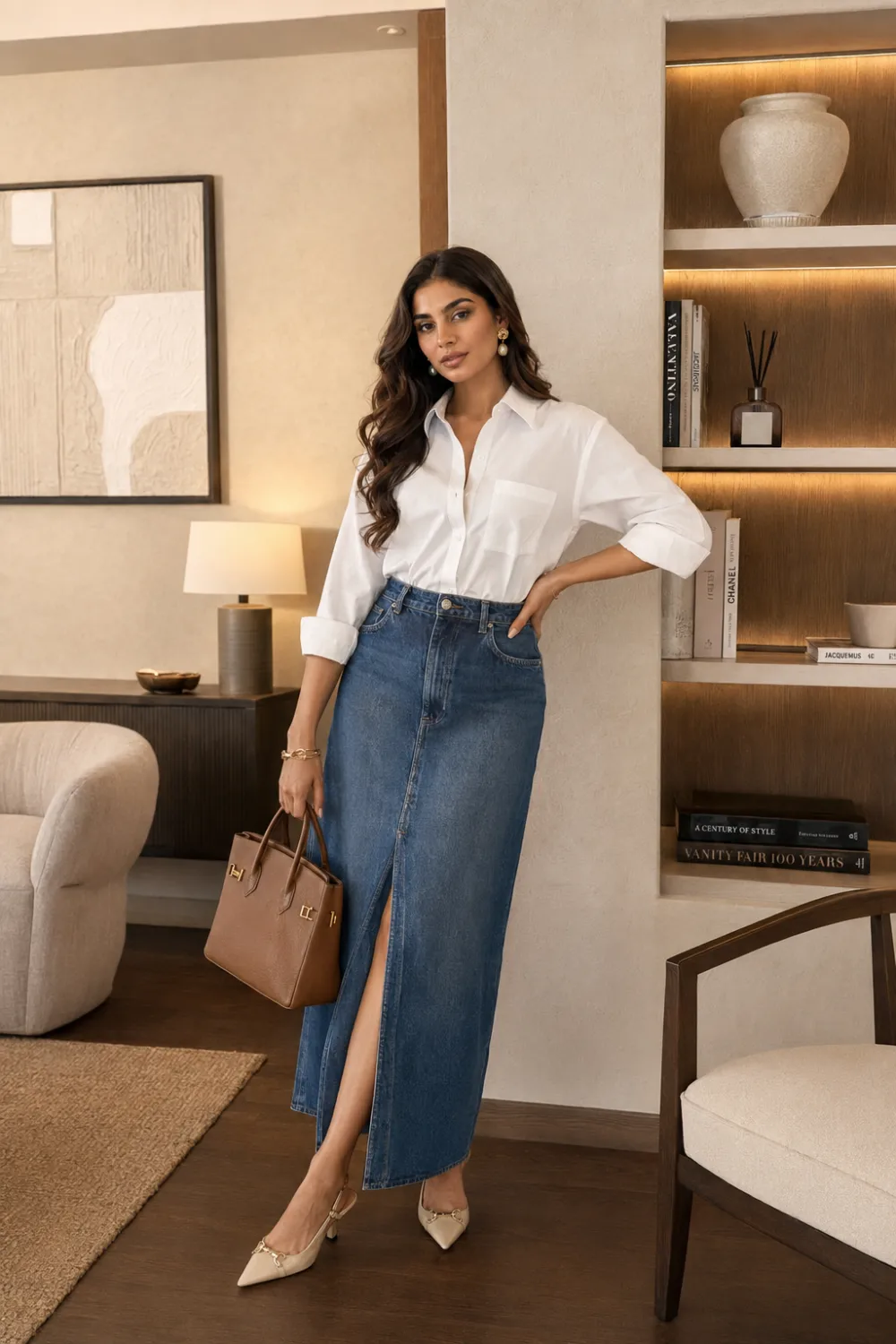Woman wearing a white button down shirt tucked into a denim maxi skirt with pointed toe heels and a designer handbag, standing inside a luxury home, casual chic date night outfit inspiration.