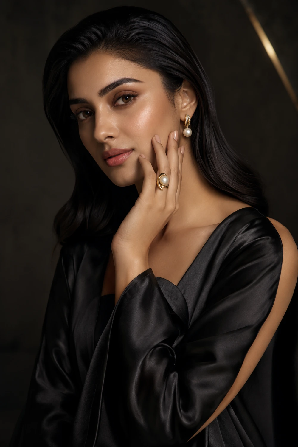 Elegant woman showcasing a sculptural pearl ring with a modern gold setting, luxury black outfit, glowing skin, and sophisticated jewelry styling.