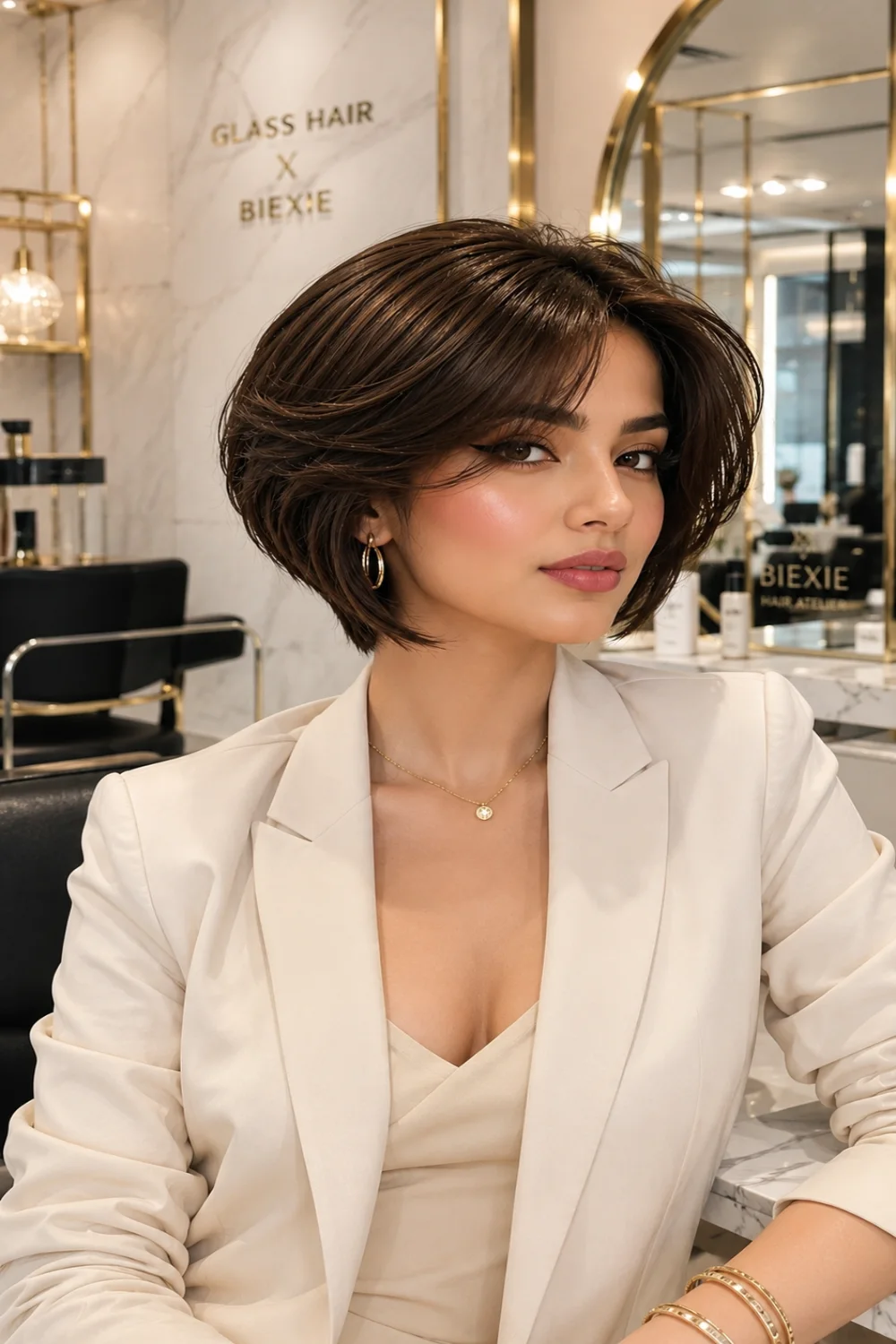 Woman with a Glass Hair Bixie haircut featuring ultra shiny brunette hair, sleek precision layers, glossy texture, and a luxury salon finish, representing one of the most elegant short hair trends of Summer 2026.