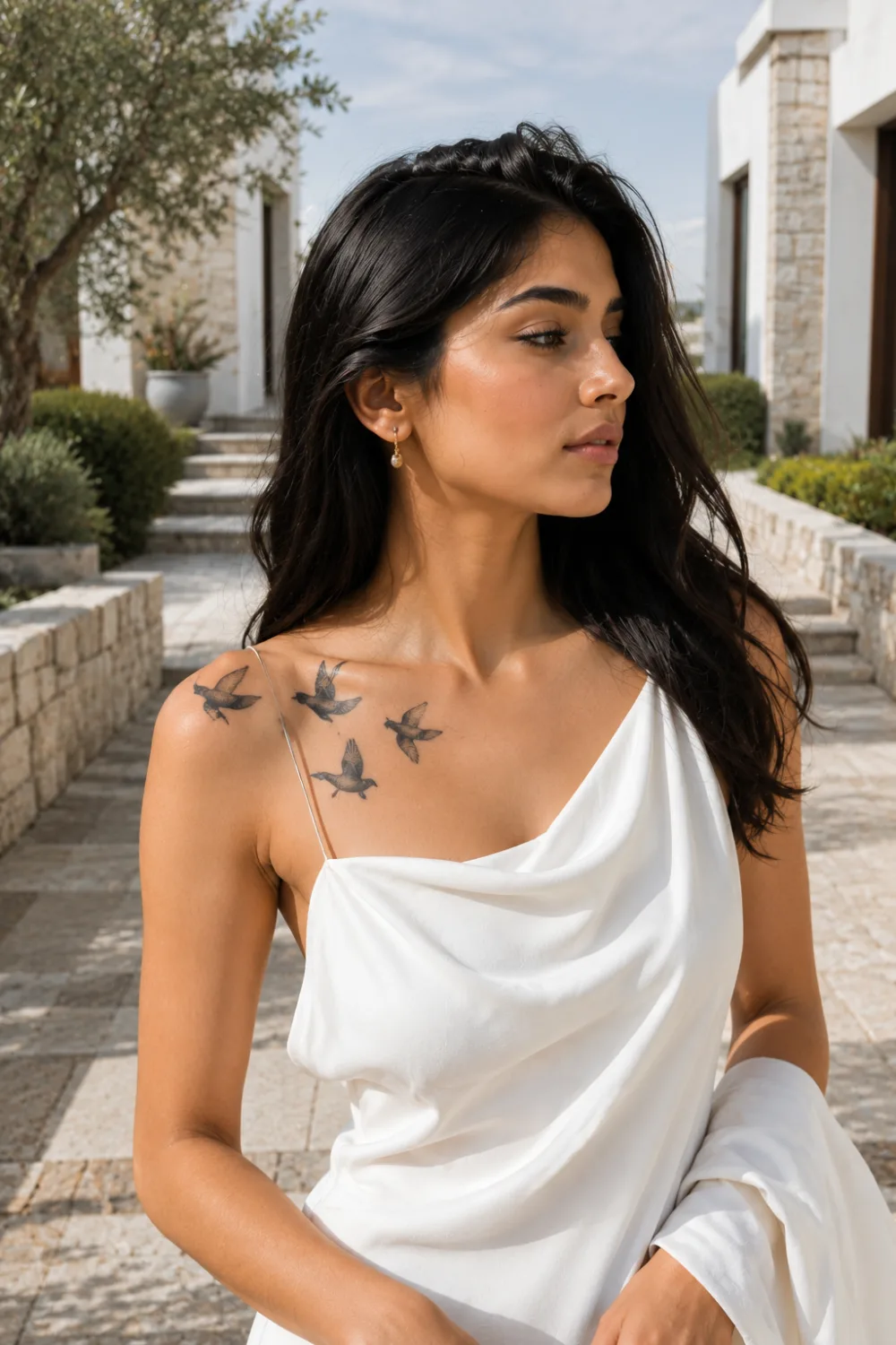Flying birds tattoo for women across collarbone and shoulder featuring realistic bird silhouettes and elegant black ink design