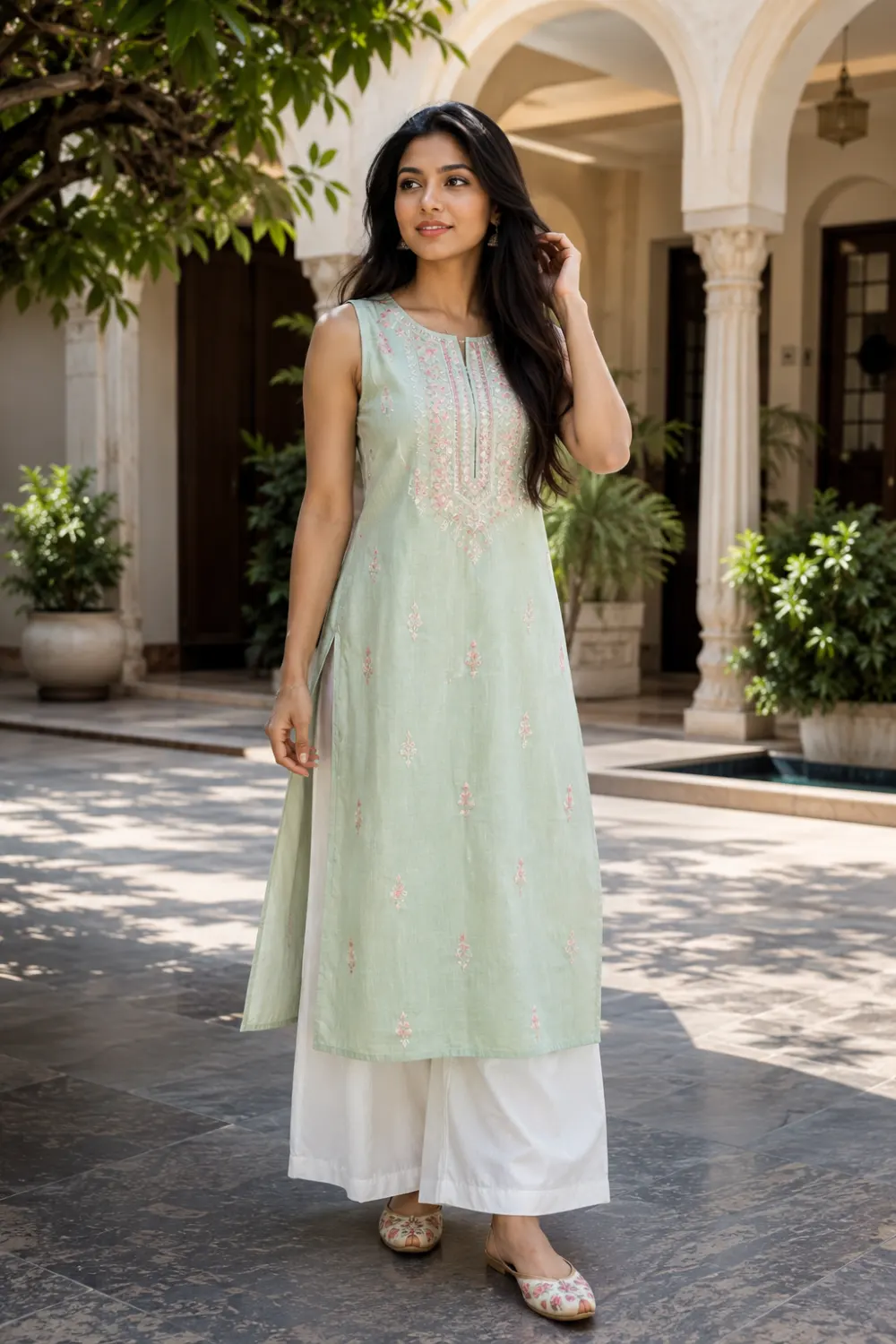 Elegant Indian woman wearing a pastel sleeveless kurta with flowing white palazzo pants and embroidered flats, standing in a beautiful heritage courtyard, graceful ethnic summer outfit for women.
