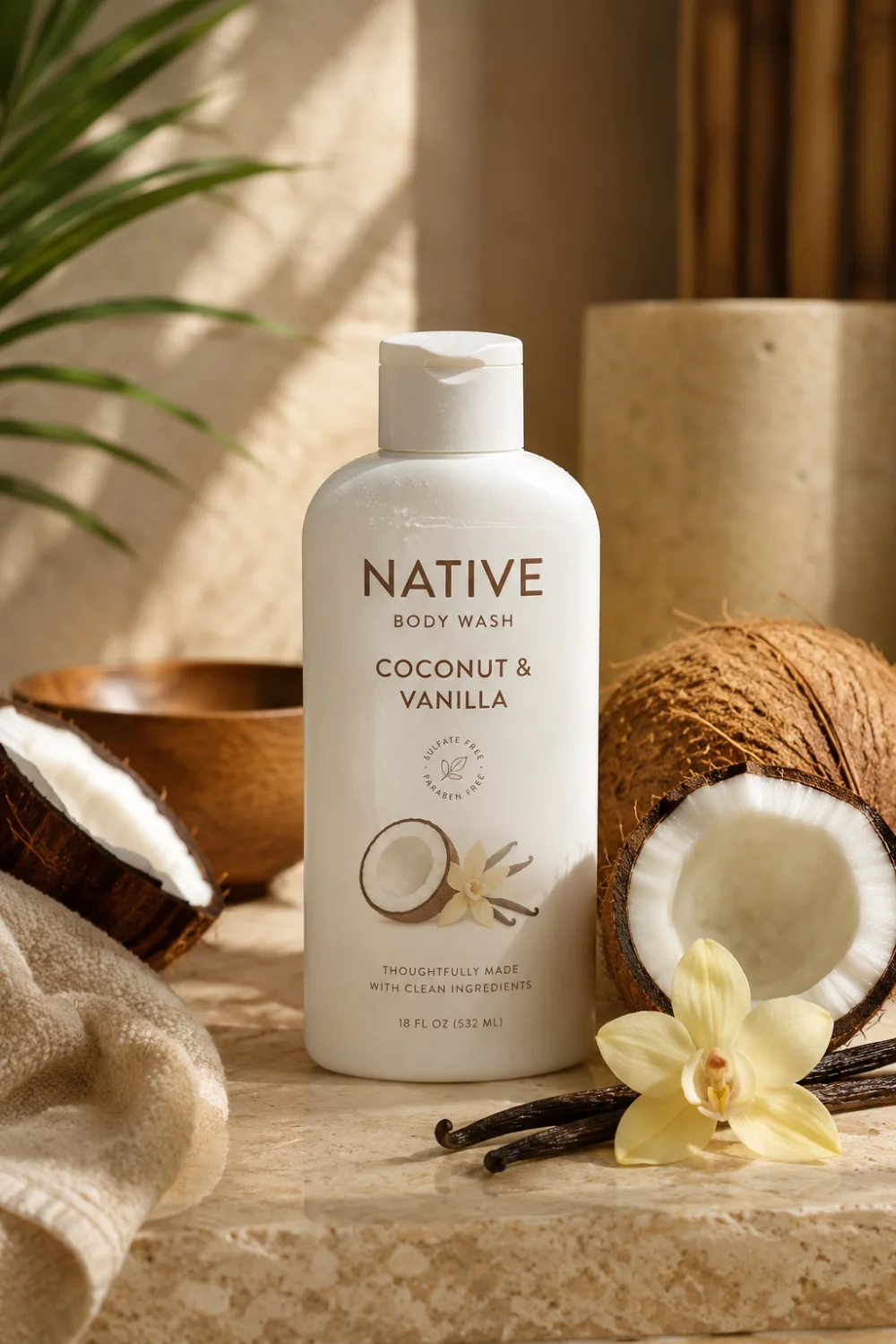 Native Coconut and Vanilla Body Wash bottle styled with fresh coconuts, vanilla flowers, tropical spa décor, and warm natural lighting, creating a luxurious shower routine aesthetic for soft glowing skin.