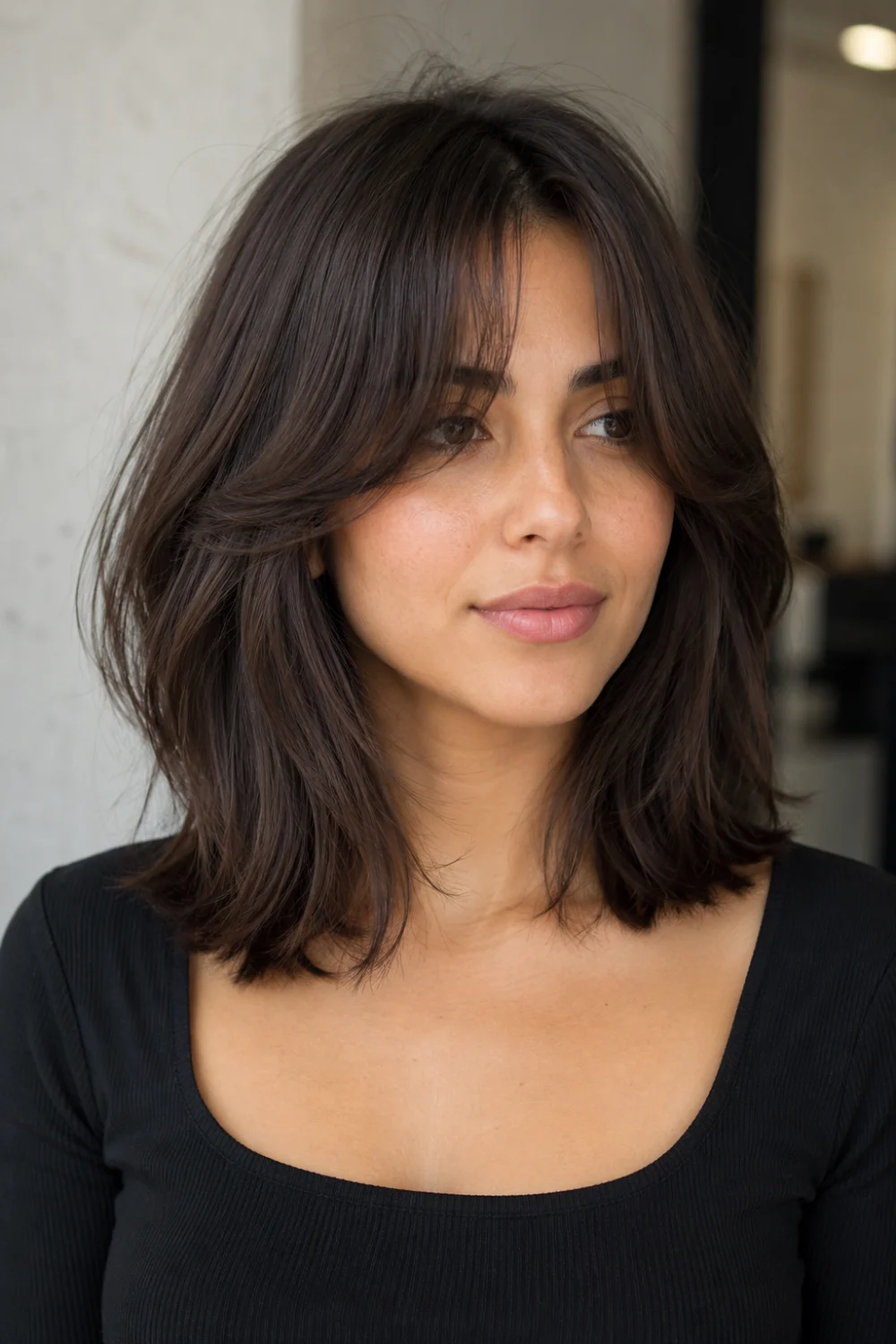 Woman with shoulder-length hair and airy curtain fringe featuring soft layers and natural salon styling.