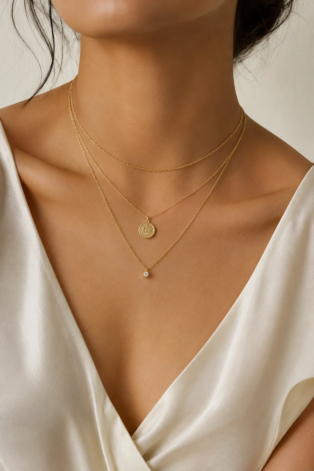 Woman wearing minimalist layered gold necklaces with a coin pendant and crystal charm paired with a soft satin V-neck top.