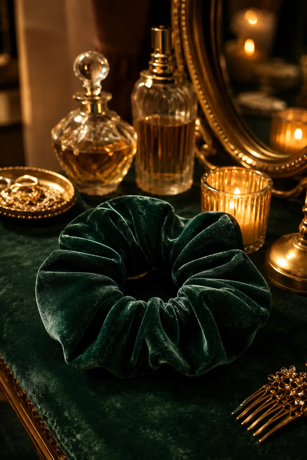 Oversized emerald green velvet scrunchie displayed on a luxurious vanity surrounded by candles, perfume bottles, gold accessories, and rich velvet textures. The plush fabric and deep jewel tone create a dramatic statement piece that adds elegance and sophistication to ponytails, buns, and seasonal hairstyles.