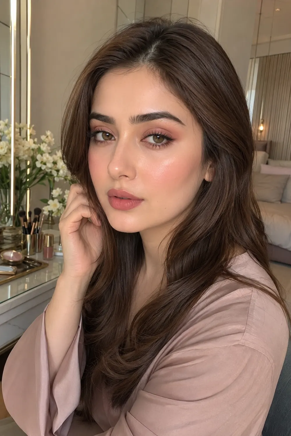 Beautiful woman wearing pink-toned office makeup with rosy cheeks, soft pink eyeshadow, natural lashes, glowing skin, and nude pink lips while seated at a modern vanity table in a luxury bedroom. Professional makeup inspiration for stylish women seeking polished workday beauty.