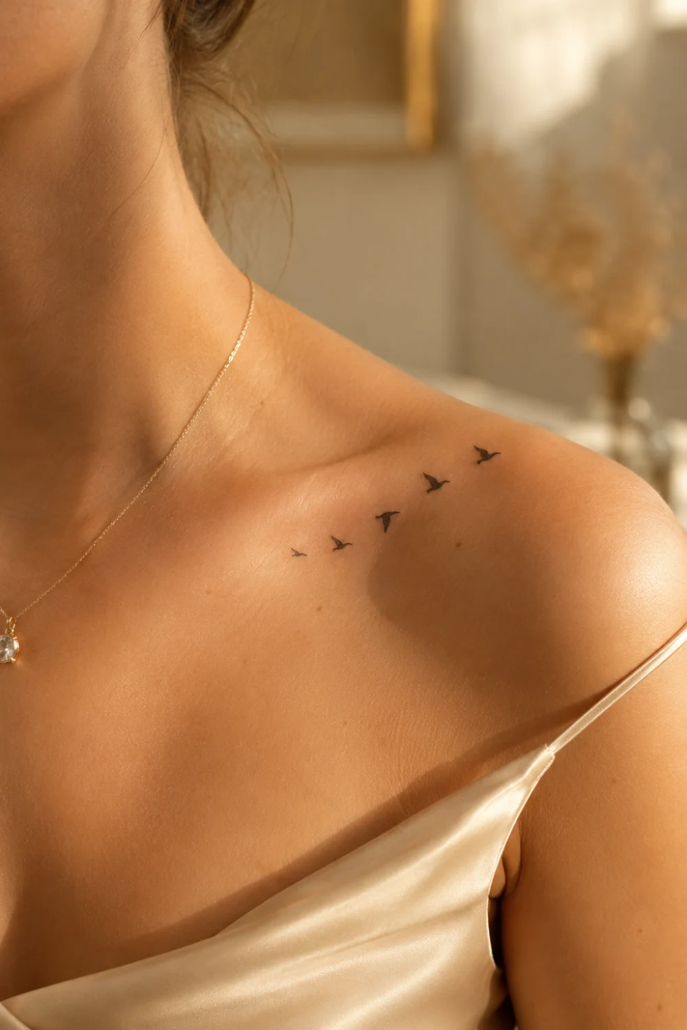 Flying birds tattoo along a woman's collarbone featuring minimalist bird silhouettes, feminine tattoo inspiration, delicate fine line body art, symbolic freedom tattoo design, and elegant black ink artwork.