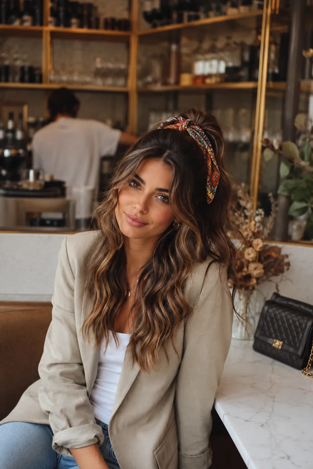 Half-up half-down hairstyle with loose waves and a patterned bandana accent, featuring voluminous hair, soft curls, and a trendy café-inspired fashion aesthetic.