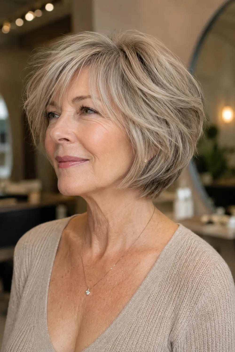 Tousled layered bob haircut for older women with silver-blonde hair, relaxed texture, airy layers, soft volume around the crown, and natural movement for a youthful appearance.