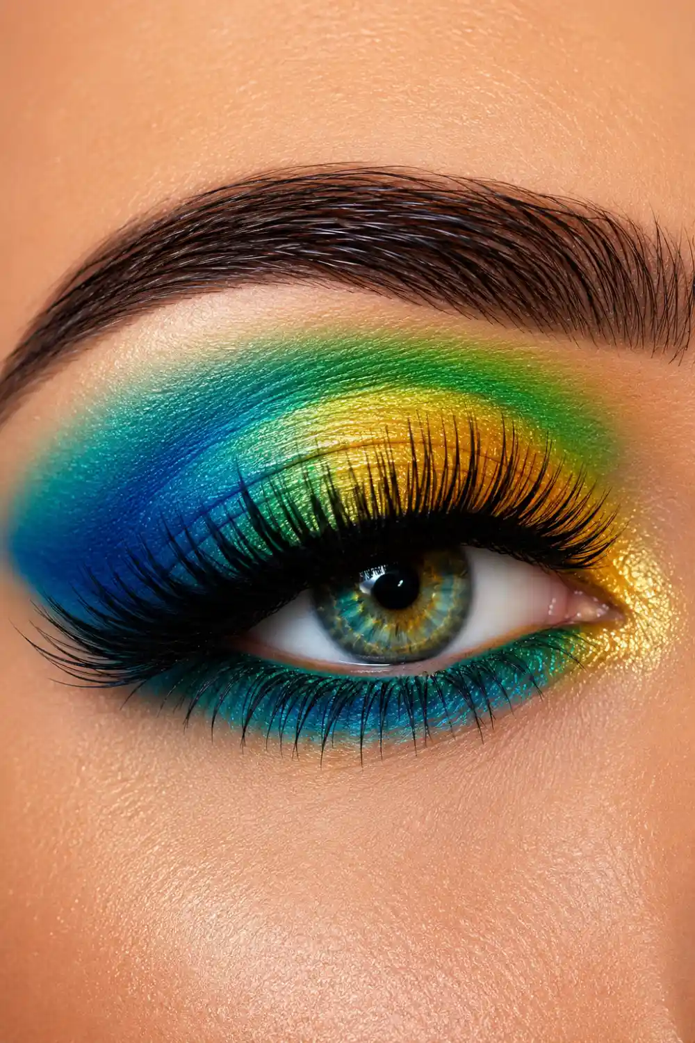 Tropical paradise eye makeup featuring turquoise, aqua blue, emerald green, and sunny yellow eyeshadow blended seamlessly with shimmer highlights, dramatic lashes, radiant skin, and exotic summer beauty inspiration.