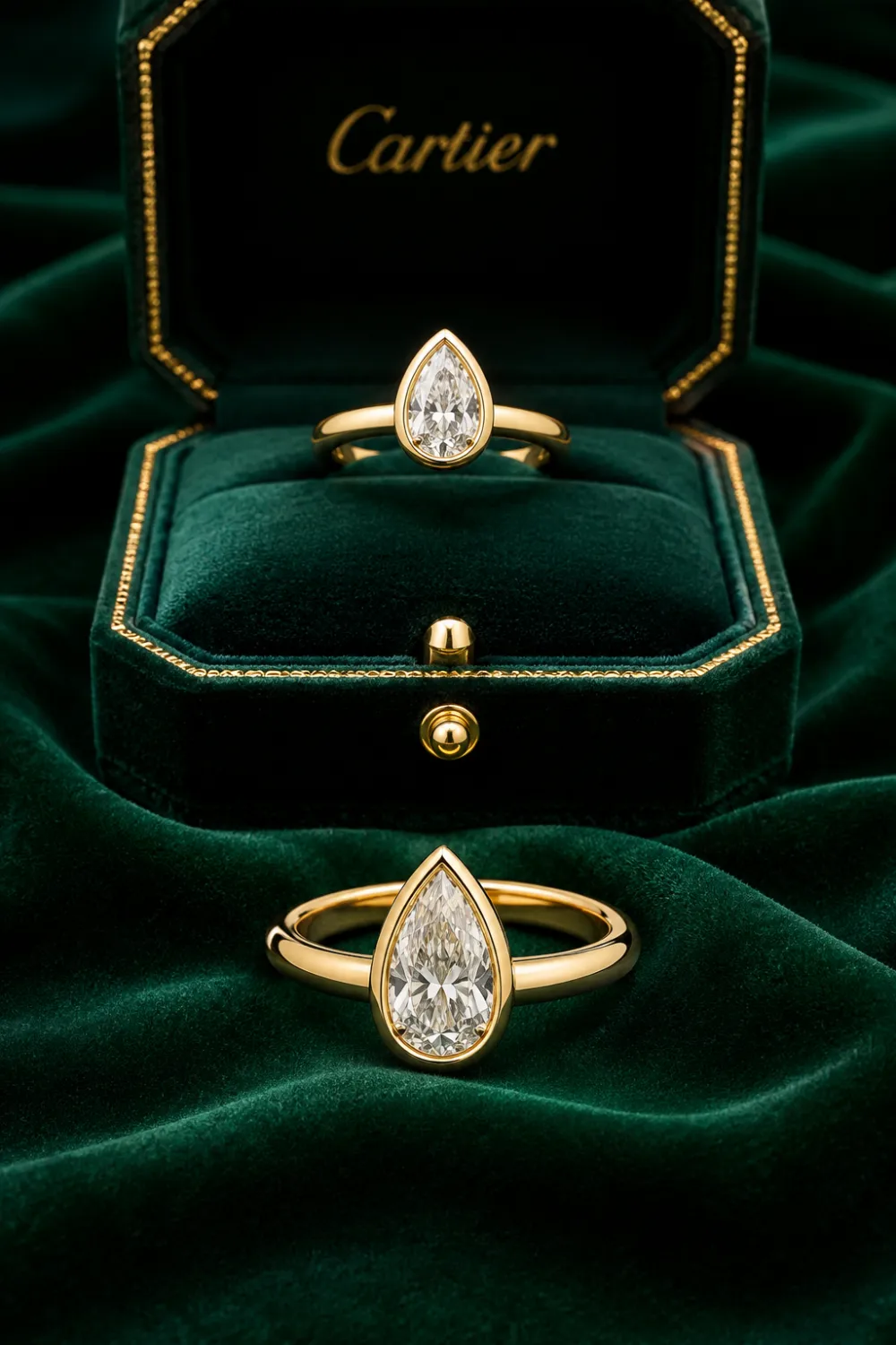 Pear-shaped bezel engagement ring with bezel-set pear diamond, polished gold band, elegant emerald green velvet background, luxury jewelry box display, modern bridal ring inspiration with minimalist style.