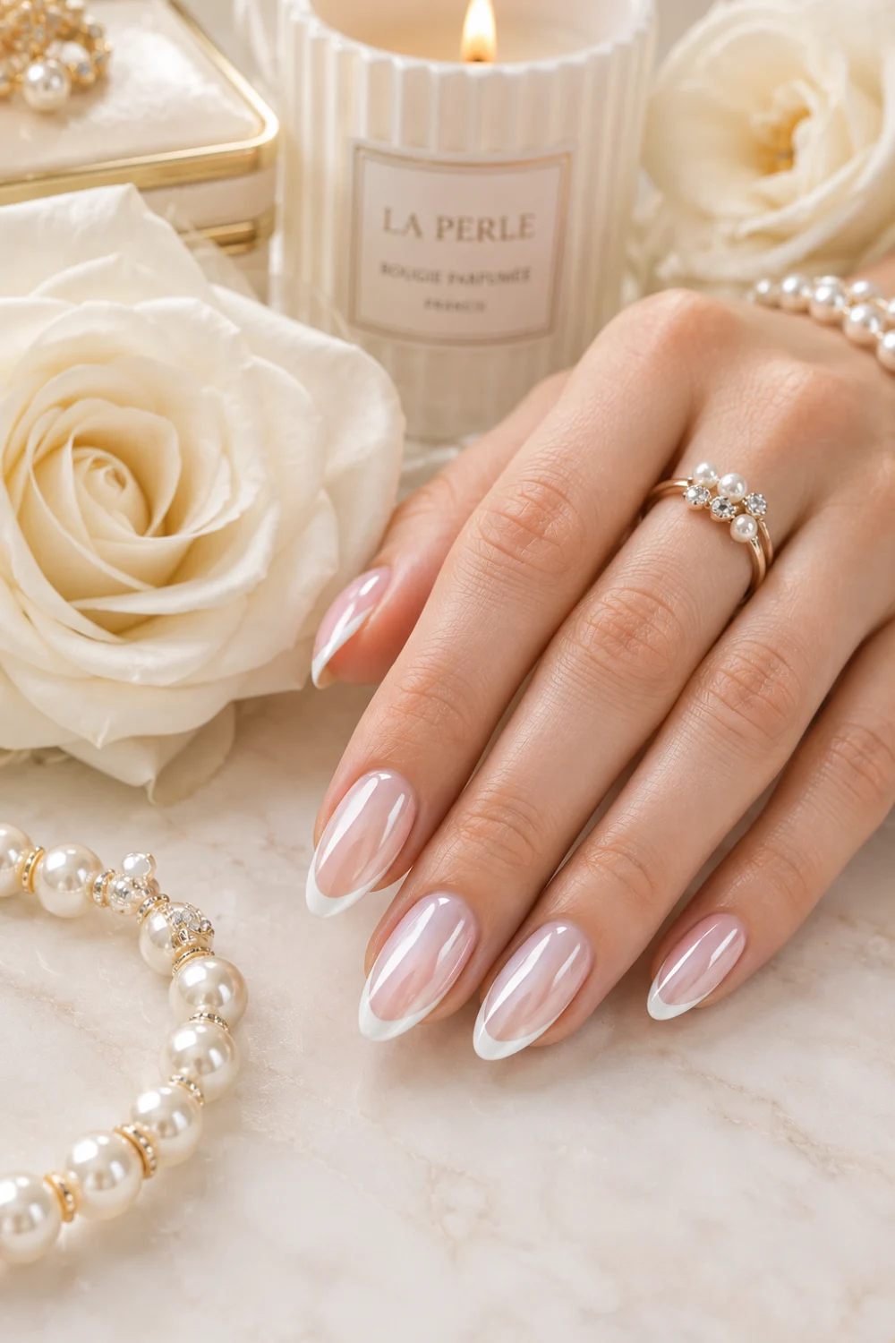 French tip glazed donut nails with glossy chrome finish, pink nude base and crisp white tips, elegant bridal manicure inspiration with pearls and white roses