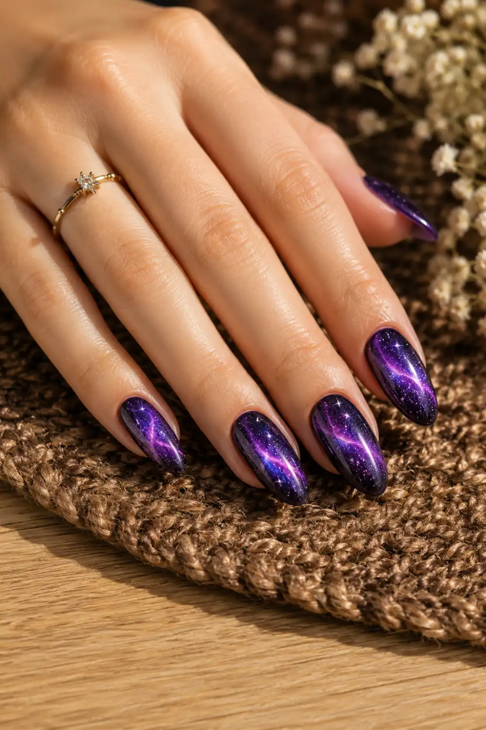 Purple galaxy cat eye nails with cosmic shimmer and starry-inspired details on almond-shaped nails, photographed on a feminine hand with delicate jewelry and warm sunlight.