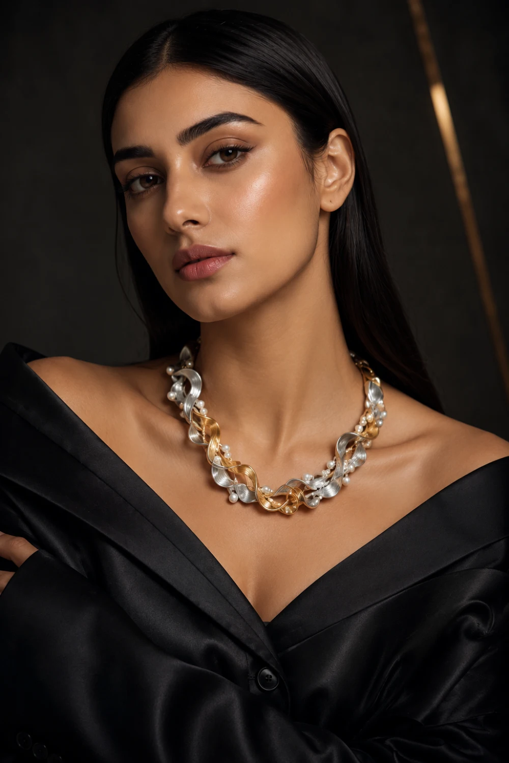 Woman wearing mixed metal pearl jewelry featuring gold and silver elements with delicate freshwater pearls styled with a luxury black off shoulder outfit.