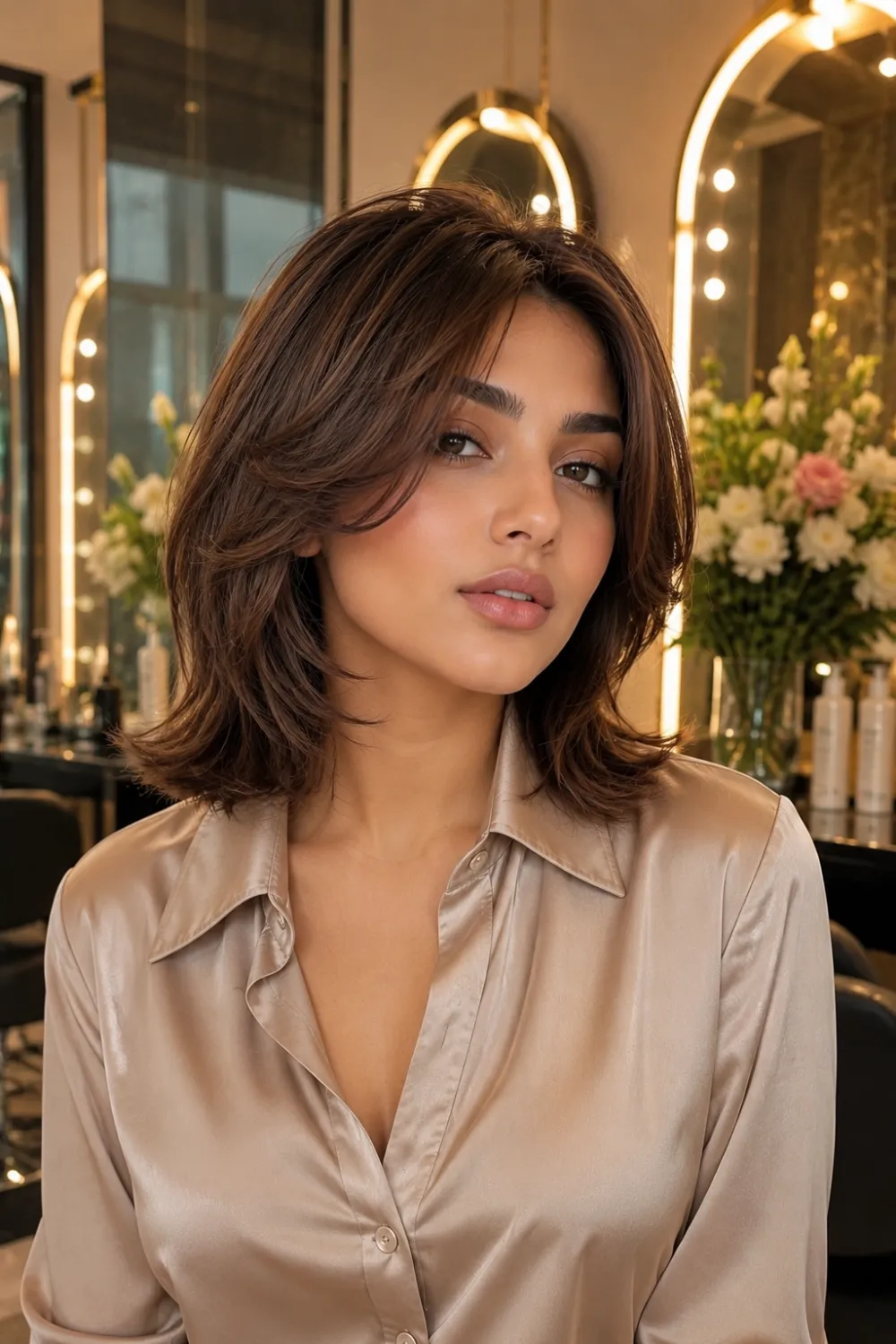 Woman with a Ribbon Layer Bixie haircut featuring flowing face framing layers, soft brunette hair, airy movement, and elegant texture in a luxury salon, showcasing a stylish Summer 2026 short hairstyle.