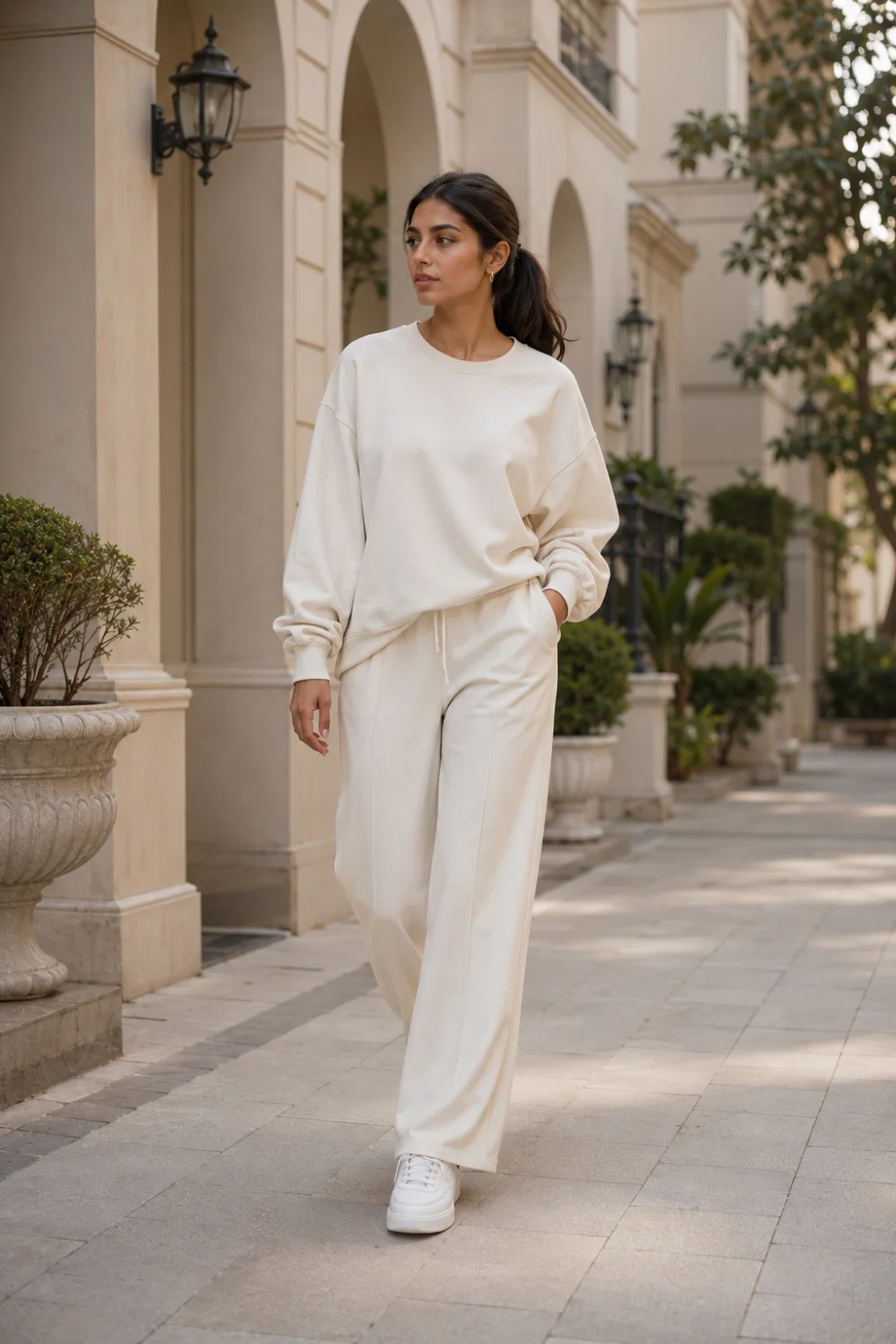 Woman wearing a monochrome oversized cream co ord set with matching sweatshirt and wide leg pants styled with white sneakers. Minimalist oversized fashion outfit featuring neutral tones, luxury loungewear style, and comfortable everyday fashion inspiration.