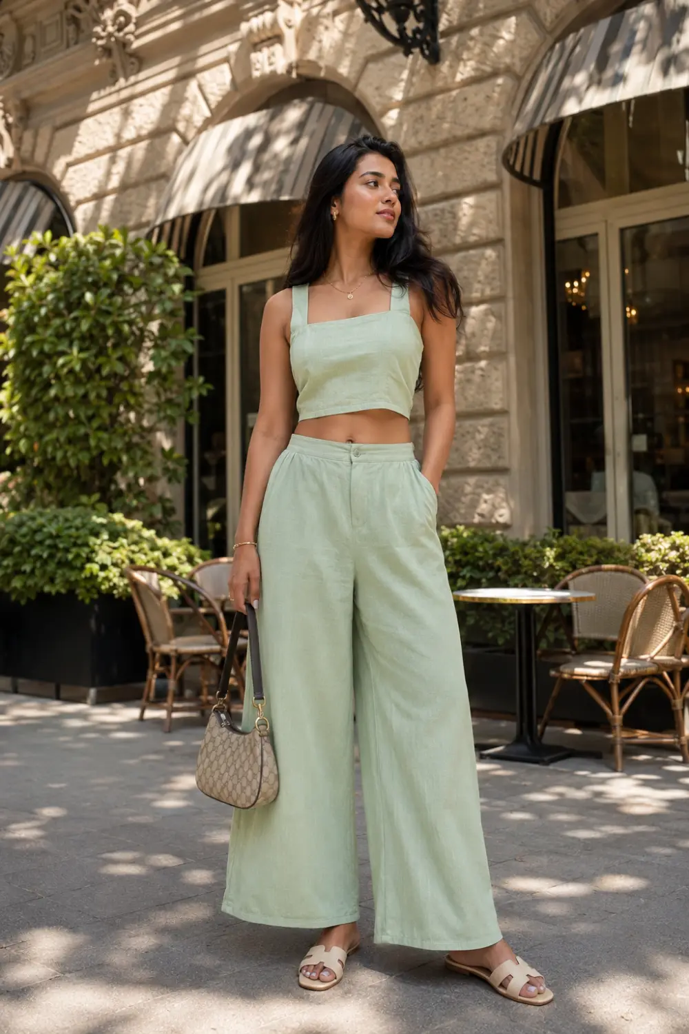 Young Indian woman wearing a pastel green cotton co-ord set featuring a sleeveless crop top and wide-leg trousers, carrying a handbag outside a stylish café, modern summer fashion inspiration.